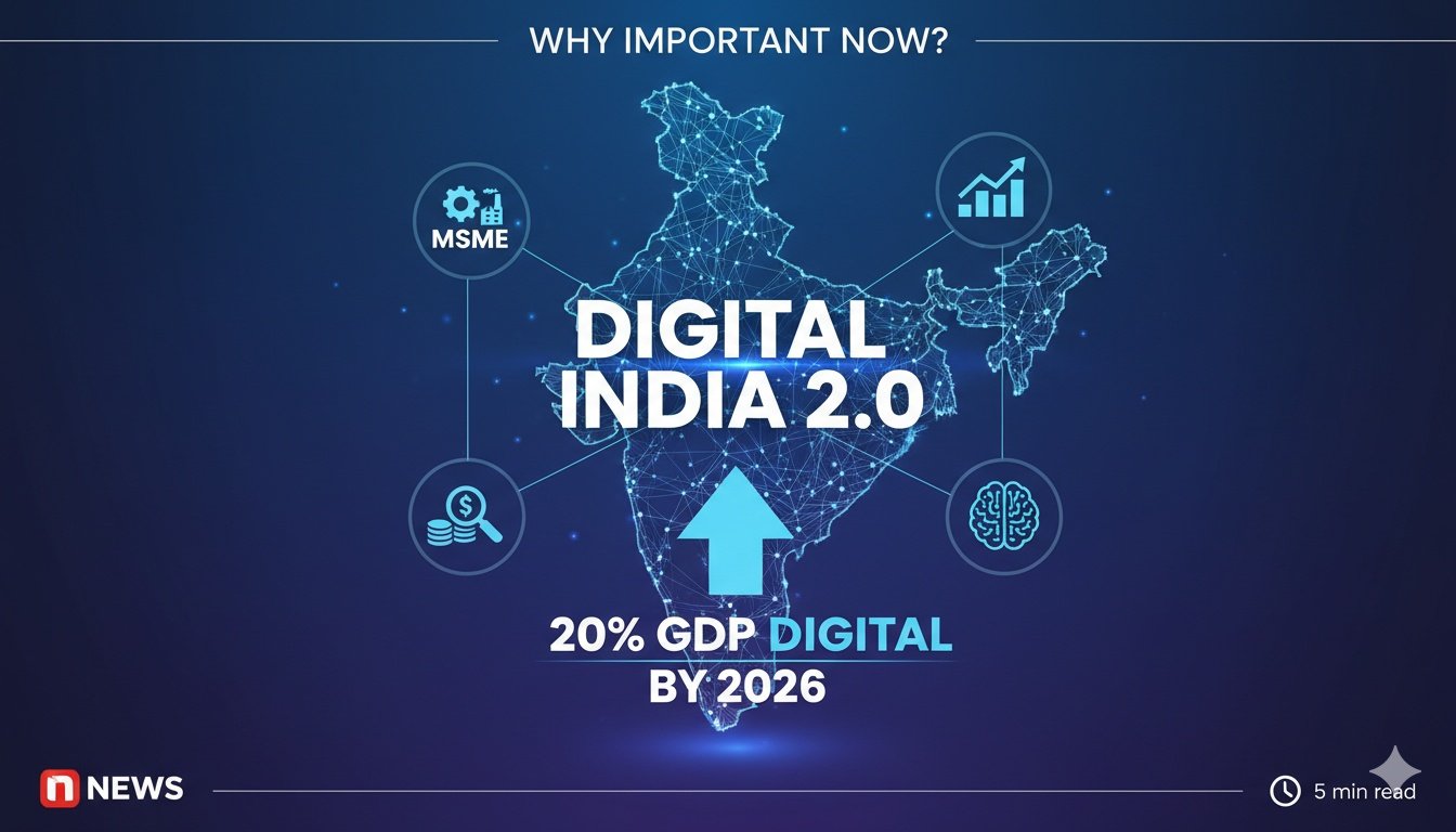 भारत की डिजिटल क्रांति को दर्शाती इमेज, जहां AI और MSME आइकॉन्स के साथ GDP ग्राफ दिख रहा है।