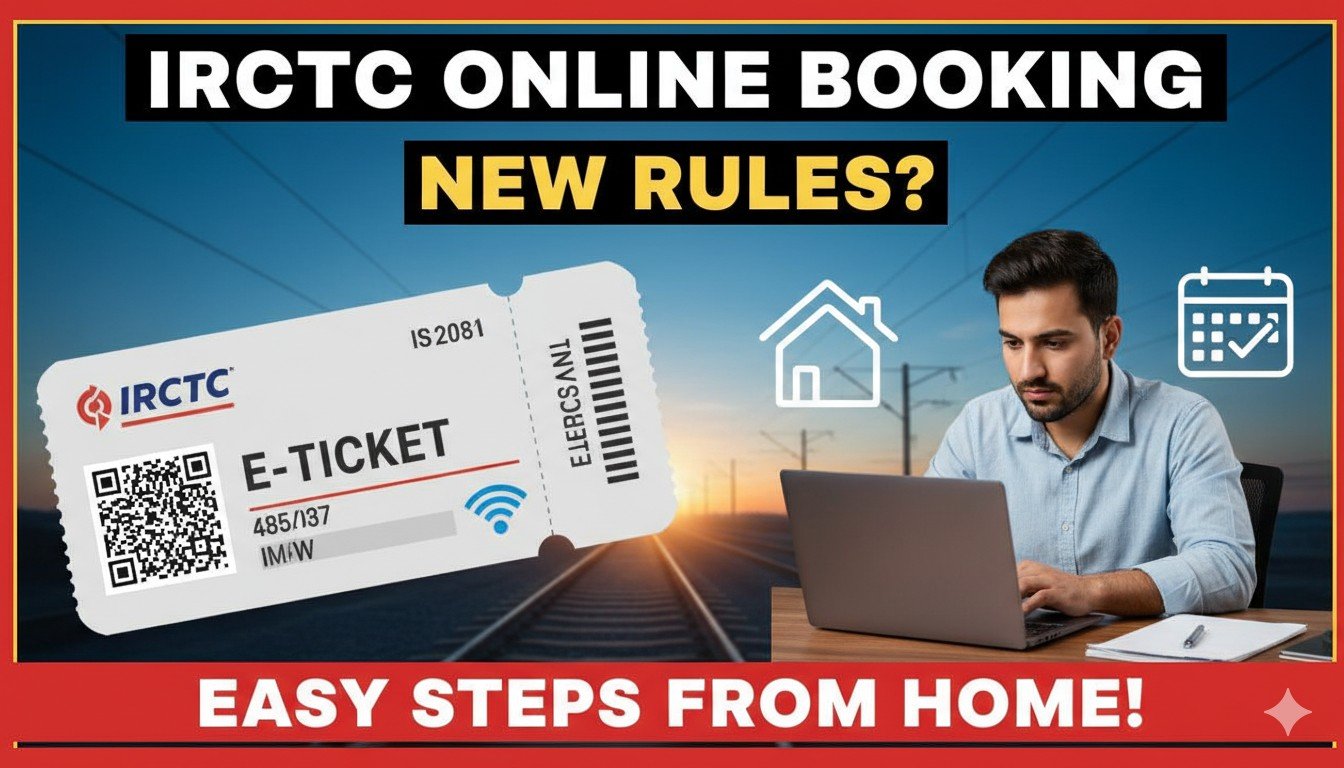 IRCTC ऐप पर घर बैठे ट्रेन टिकट बुकिंग प्रोसेस दिखाता ग्राफिक, आधार वेरिफिकेशन के साथ