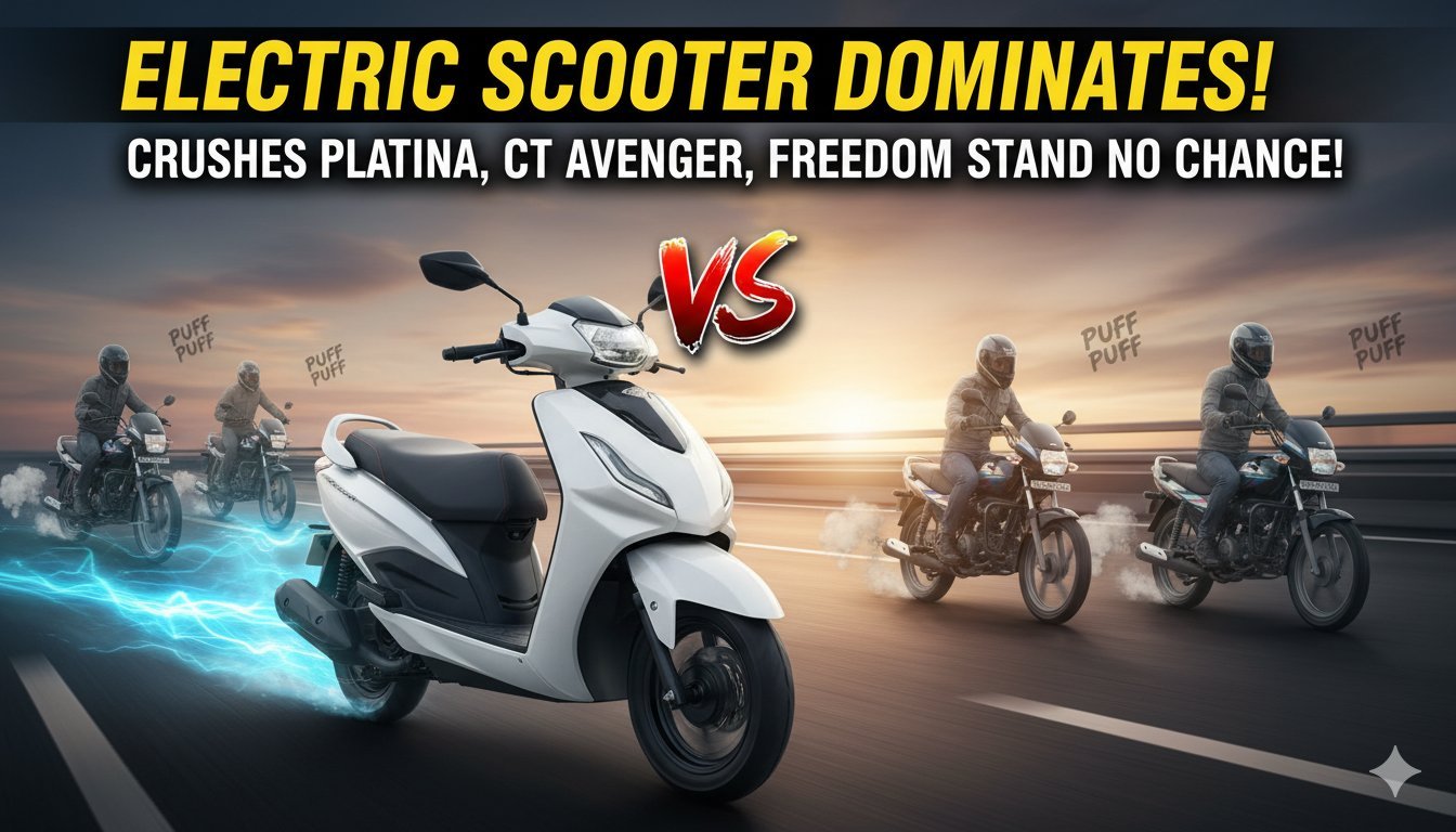 Alt Text for featured image : बजाज चेतक इलेक्ट्रिक स्कूटर की सड़क पर तस्वीर, बैकग्राउंड में शहर का नजारा