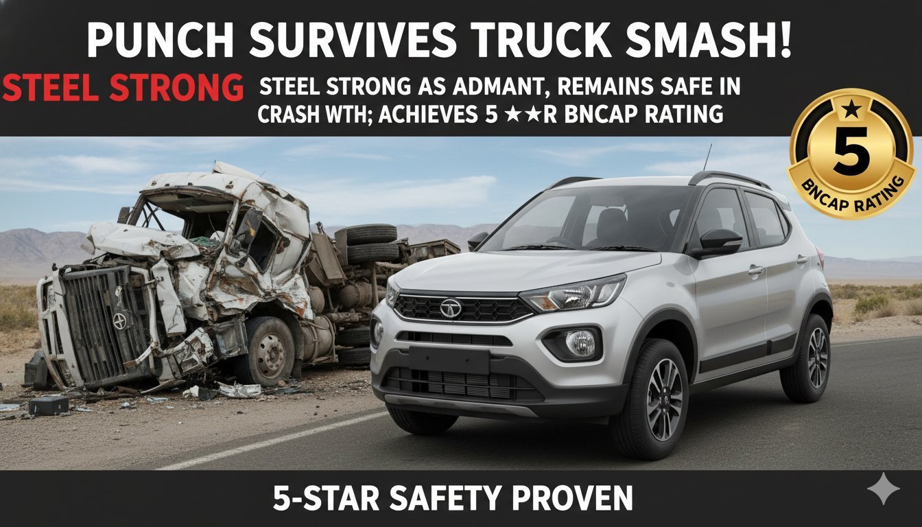 टाटा पंच फेसलिफ्ट ट्रक क्रैश टेस्ट में मजबूत स्ट्रक्चर दिखाते हुए