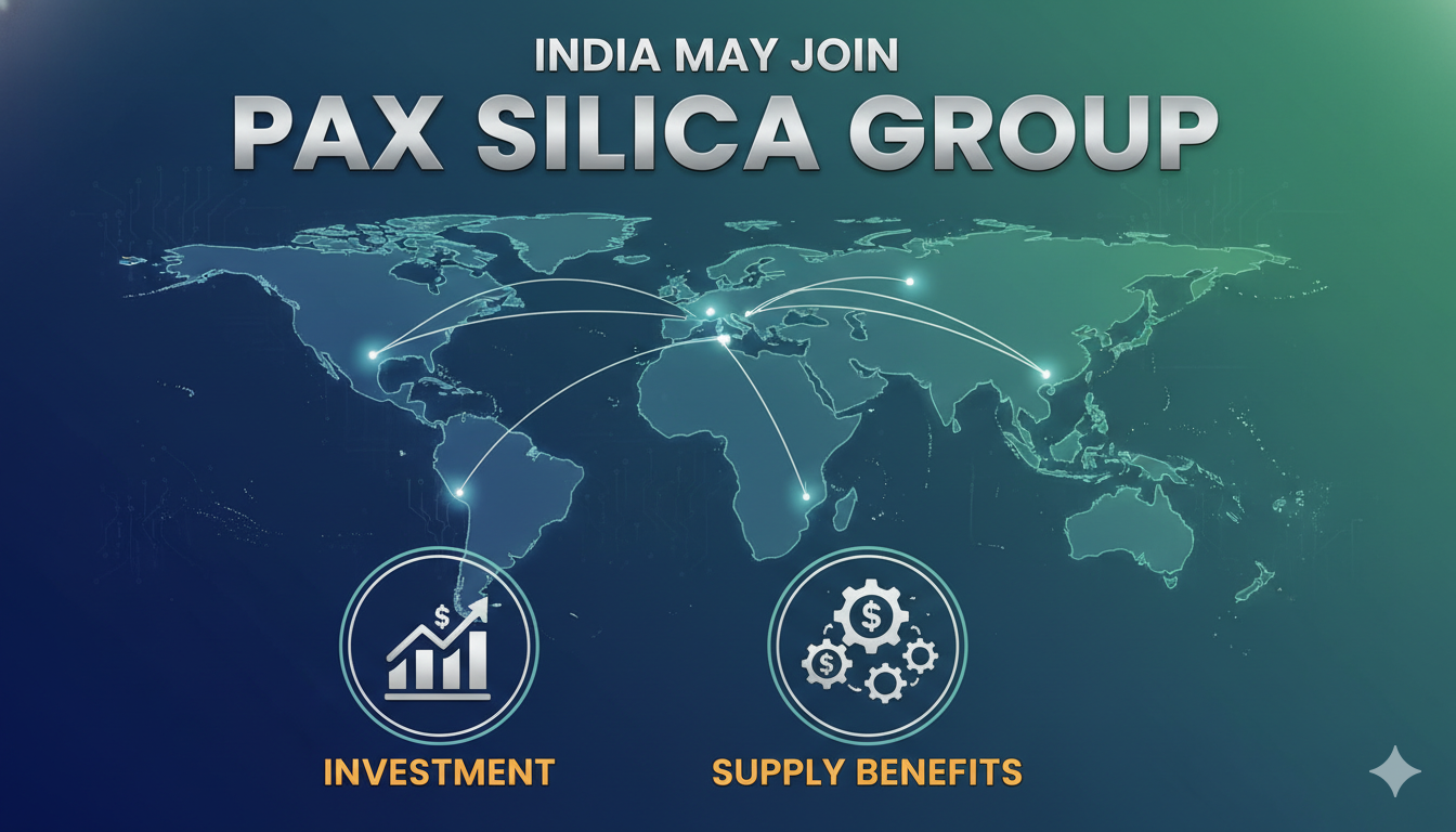 भारत Pax Silica ग्रुप में शामिल होने की दिशा में, US-UK जापान सिंगापुर के झंडों के साथ सेमीकंडक्टर चिप का इमेज