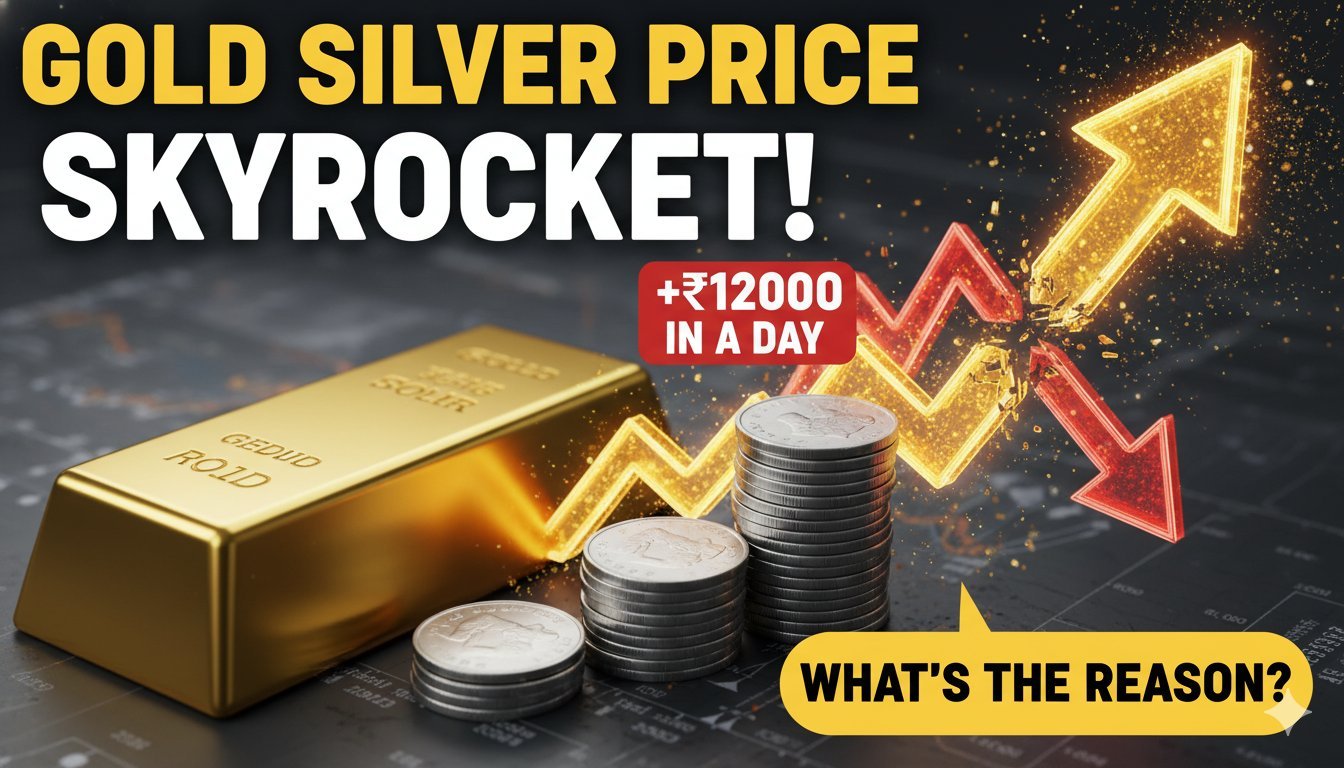 सोने और चांदी के बार्स और सिक्कों की चमकदार छवि जो कीमत उछाल को दर्शाती है