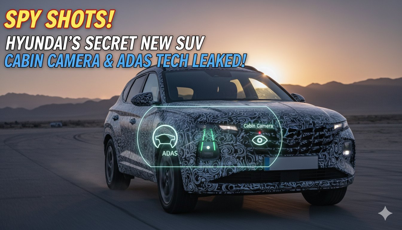 कैमोफ्लाज्ड हुंडई नई SUV टेस्टिंग के दौरान स्पॉट हुई, बॉक्सी डिजाइन और LED लाइट्स दिख रही हैं।