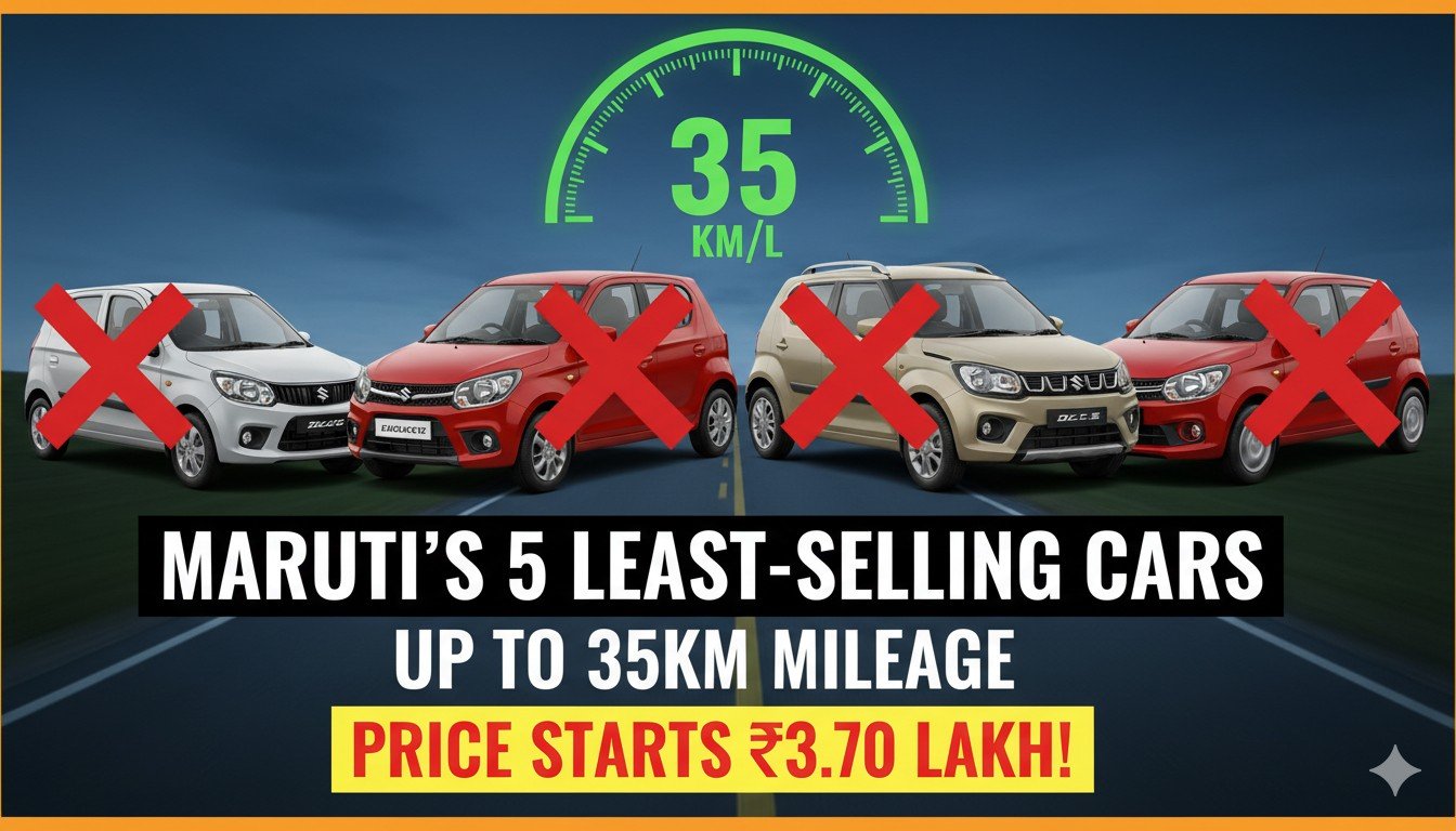 Alt Text for featured image : मारुति सुजुकी की कम बिक्री वाली 5 कारें दिखाती इमेज जिसमें Alto K10, S-Presso और Celerio CNG मॉडल्स हाईलाइट