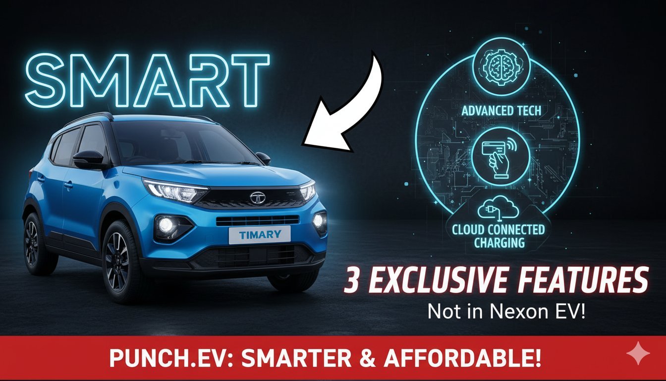 टाटा पंच.ईवी फेसलिफ्ट का फ्रंट व्यू दिखाता हुआ, जिसमें LED DRLs और नया डिजाइन हाइलाइट है