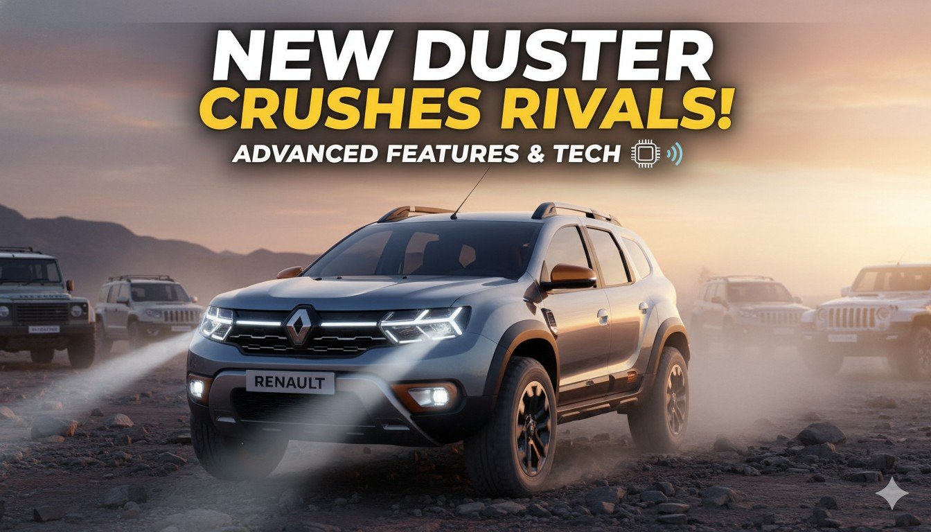 नई Renault Duster SUV का बोल्ड फ्रंट ग्रिल और LED हेडलाइट्स वाला एक्सटीरियर व्यू