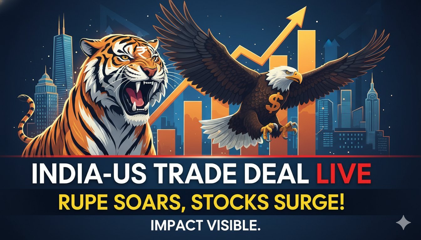 भारत-अमेरिका व्यापार समझौते की प्रतीकात्मक तस्वीर जिसमें दोनों देशों के झंडे और आर्थिक ग्राफ दिख रहे हैं।