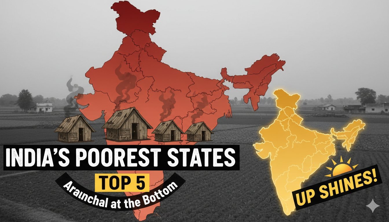 भारत के 5 सबसे गरीब राज्यों की मानचित्र वाली इमेज जिसमें बिहार, उत्तर प्रदेश, झारखंड, मणिपुर और अरुणाचल प्रदेश हाइलाइटेड हैं, प्रति व्यक्ति आय ग्राफ के साथ