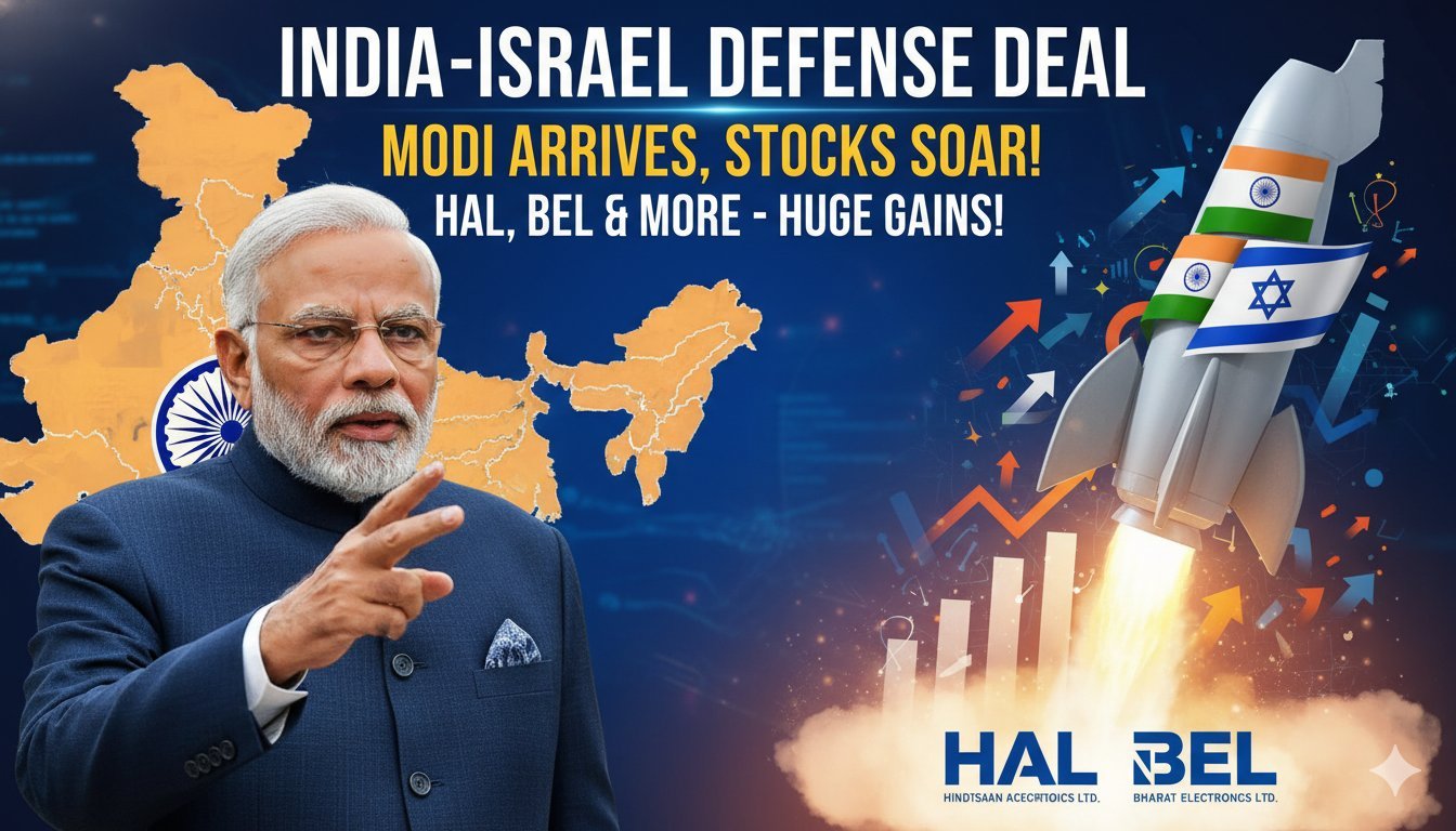 प्रधानमंत्री नरेंद्र मोदी और इजरायली पीएम नेतन्याहू की बैठक के दौरान रक्षा समझौते पर चर्चा, पृष्ठभूमि में HAL और BEL लोगो के साथ डिफेंस शेयर ग्राफ में उछाल
