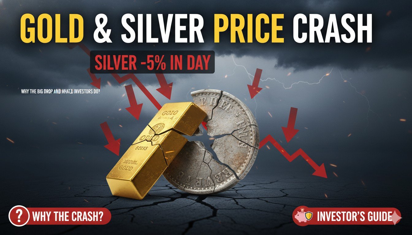 सोना और चांदी की कीमतों में भारी गिरावट दिखाता ग्राफ, भारतीय बाजार में 5% चांदी टूटने का दृश्य