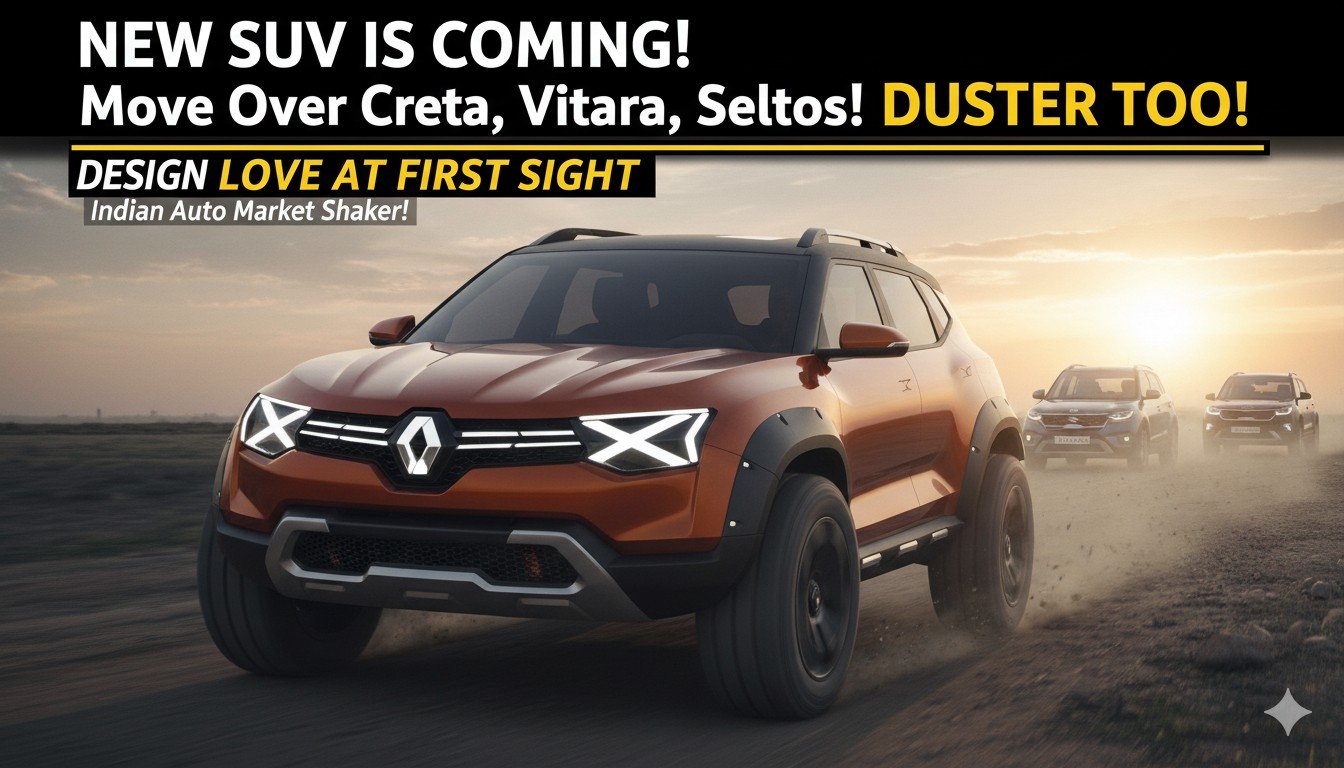 नई Renault Duster 2026 SUV का बोल्ड फ्रंट प्रोफाइल, LED हेडलाइट्स और रग्ड डिजाइन दिखाता हुआ