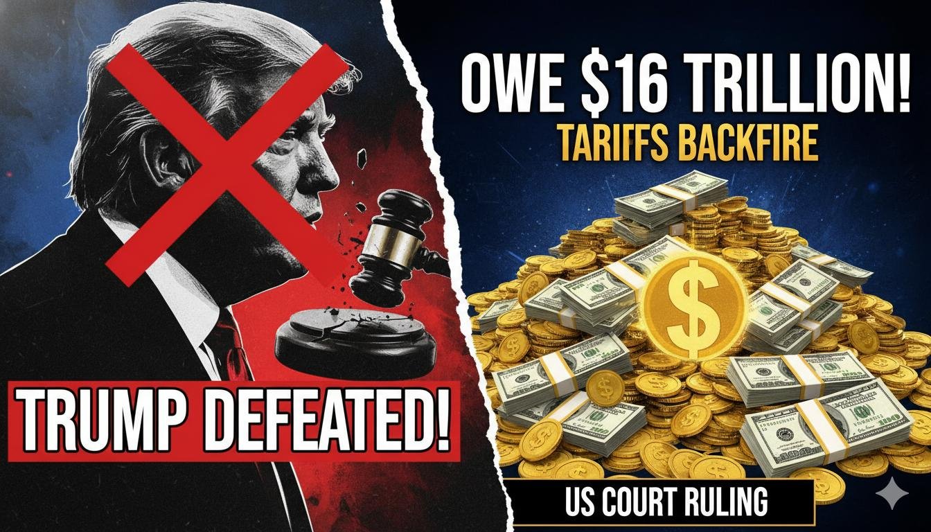 अमेरिकी सुप्रीम कोर्ट बिल्डिंग के सामने ट्रंप टैरिफ रिफंड से जुड़ी खबर का ग्राफिक, जिसमें डॉलर और रिफंड का प्रतीक दिख रहा है