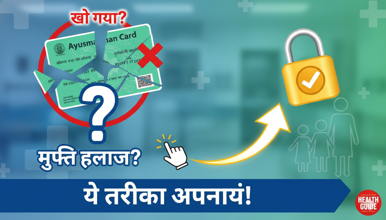 आयुष्मान कार्ड खो जाने पर डुप्लिकेट बनाने और मुफ्त इलाज जारी रखने की प्रक्रिया दिखाती इमेज