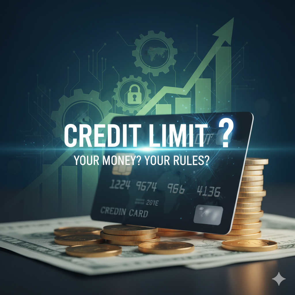 क्रेडिट कार्ड लिमिट तय करने की प्रक्रिया दिखाता ग्राफिक, जिसमें आय, क्रेडिट स्कोर और RBI नियम शामिल हैं