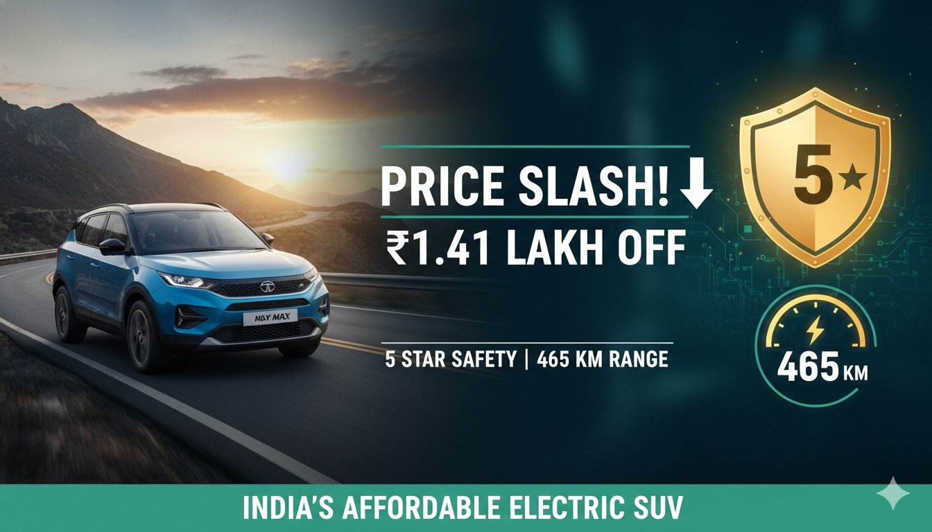 टाटा नेक्सन ईवी इलेक्ट्रिक एसयूवी फ्रंट व्यू दिखाती हुई, 5-स्टार सेफ्टी और 465 किमी रेंज वाली