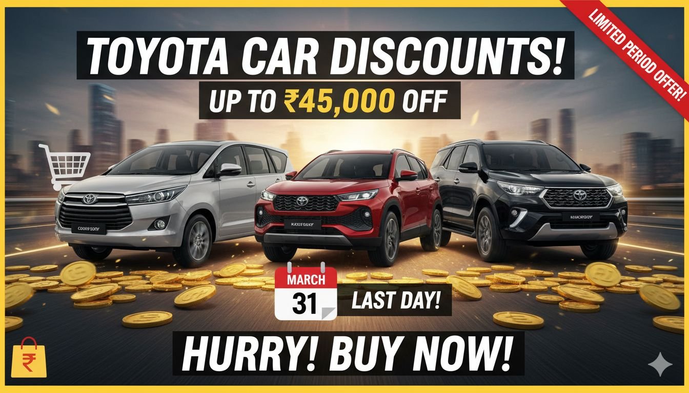 टोयोटा ग्लैंजा, टाइजर और हाइराइडर कारों पर ₹45,000 तक डिस्काउंट ऑफर दिखाती इमेज