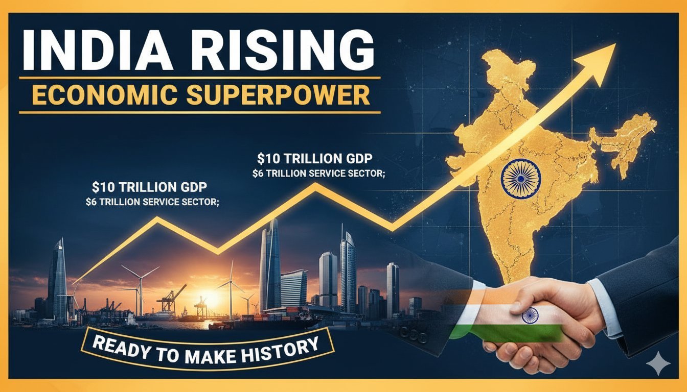 भारत की तेजी से बढ़ती अर्थव्यवस्था का ग्राफ दिखाता हुआ इमेज, $10 ट्रिलियन GDP टारगेट के साथ
